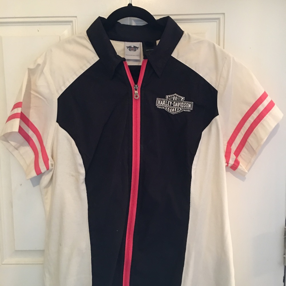 Harley Davidson A Womens 1W Zip Up Garage Shirt Top Black Pink White Biker Logo